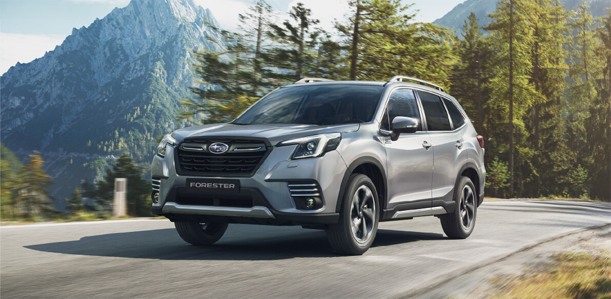 Subaru Forester mit Bergen im Hintergrund