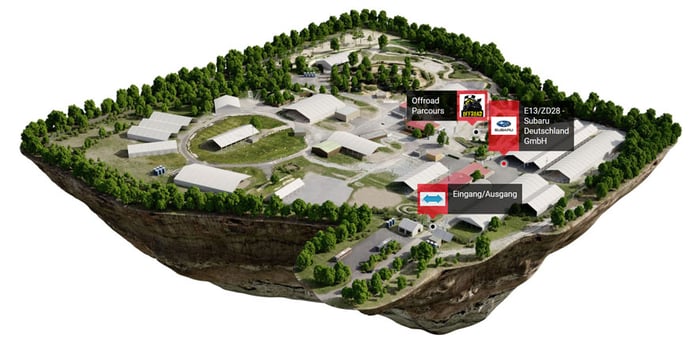2025 Geländeplan der Abenteuer und Allrad Messe mit Markierung des Subaru Deutschland Stands.