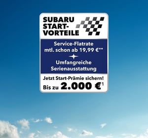 Subaru Start-Vorteile Q2 2025 Badge mit Wolkenhimmel im Hintergrund