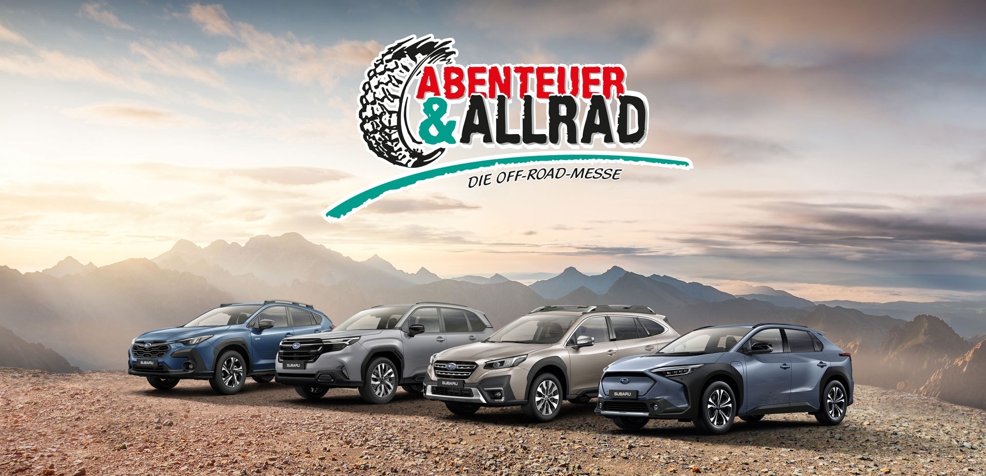 Abenteuer und Allrad Messe Logo mit Subaru-Range und Gebirge im Hintergrund Abenteuer und Allrad Messe Logo mit Subaru-Range und Gebirge im Hintergrund
